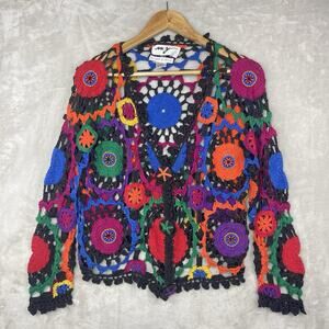 Vtg MY Knitted By Hand OS Crochet Granny Squares Beaded Cardigan Cottagecore
